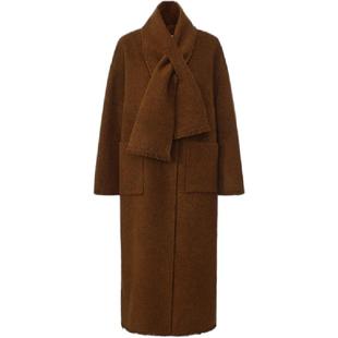 halfmoon X LOOKNOW2025秋冬新款深卡其长款下摆流苏围巾大衣女