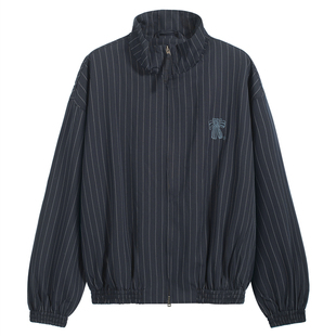 AC风格高街潮牌蝴蝶结刺绣外套男女宽松休闲复古条纹立领风衣夹克