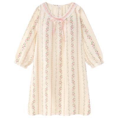 复古风带胸垫睡裙女款春秋长袖纯棉睡衣面料100全棉婴儿棉家居服