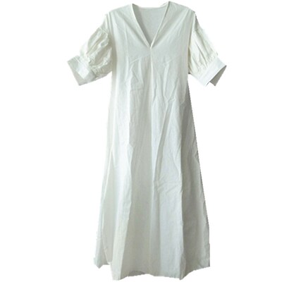 0遮肚子过膝v领轻熟风棉麻连衣裙