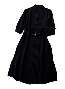 桑蚕丝早秋新款通勤百搭翻领单排扣腰带款真丝连衣裙14G3/26/2392