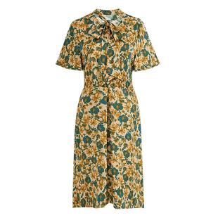 马天奴夏季新款女装黄色印花系带领连衣裙子荷叶袖醋纤中长裙修身