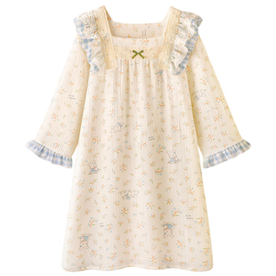 〖萌兔茶兔〗睡裙春秋季新款纯棉纱布睡衣甜美公主风长袖家居服