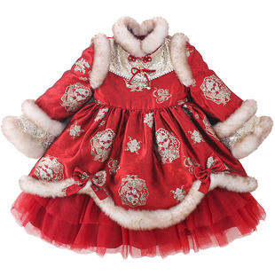 米米哈罗女童拜年服冬装2025新款儿童国风旗袍裙小女孩加绒连衣裙