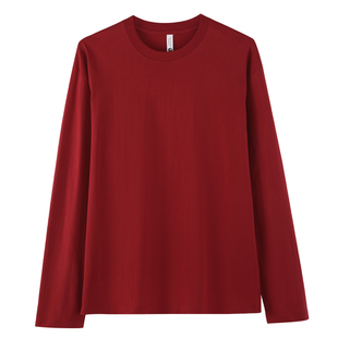 安可拉红 400g重磅纯棉圆领长袖T恤男女款宽松休闲纯色内搭打底衫