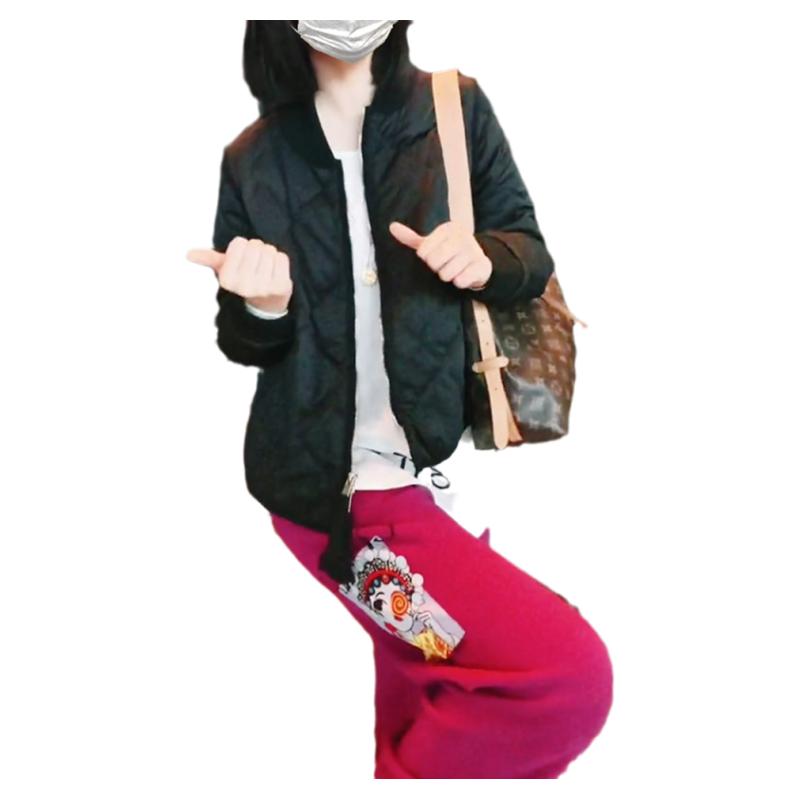 黑色宽松菱格棉服短外套女套装