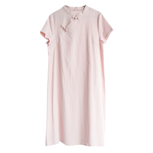 棉麻休闲旗袍连衣裙2023夏季新款复古手工盘口裙文艺纯色改良旗袍