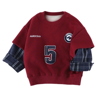 男童卫衣2026新款童装小男孩中国红假两件宽松宝宝春装上衣AS845