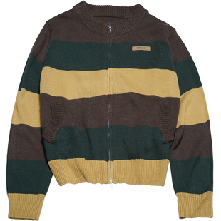 STILLYOU复古慵懒条纹撞色圆领毛针织开衫女显瘦小个子毛衣外套新