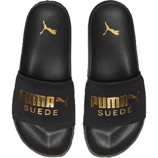 烫金字母LOGO Puma黑白反毛皮简约轻便男女一字拖鞋384872/372277
