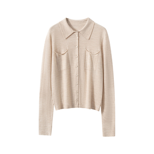 早春新品德国进口精纺扬子纱100%纯羊毛POLO领双兜开衫女针织衬衫