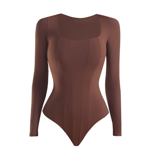 LOUSXXY带胸垫长袖轻塑连体衣高弹收腹显身材外穿打底紧身美体衣
