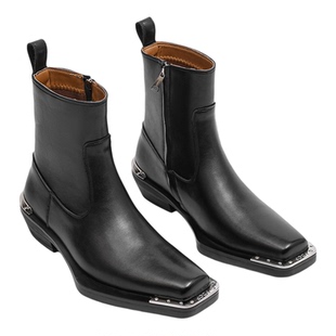 方头切尔西靴男真皮铁头潮牌侧拉链中帮短靴英伦风黑色高帮马丁靴