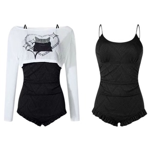 泳衣女2025新款可爱卡通小猫连体两件套长袖罩衫保守遮肚显瘦绝美