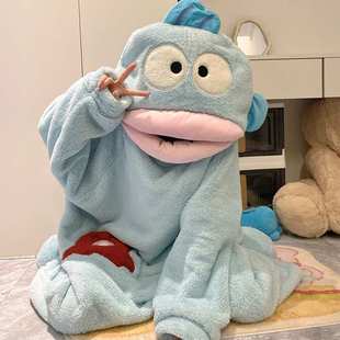 丑鱼情侣睡衣女秋冬季珊瑚绒连体卡通搞怪睡袍男款加厚加大码睡裙