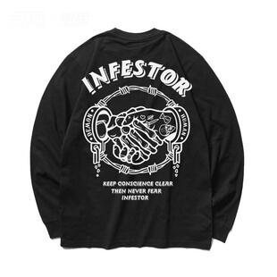 三九木美式小领口街头滑板Demon嘻哈街舞宽松大码潮bboy长袖重磅t