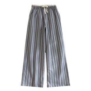 纯棉纱布花苞睡裤女春秋简约条纹宽松直筒长裤夏季薄款全棉家居裤