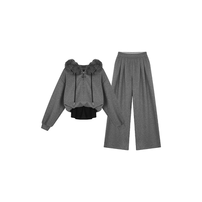 安妮不火 毛毛领假两件卫衣加绒卫裤套装女微胖大码慵懒风两件套