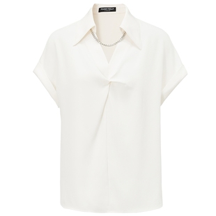 商场同款FF仿佛2025夏气质衬衫女V领宽松套头高弹设计感短袖