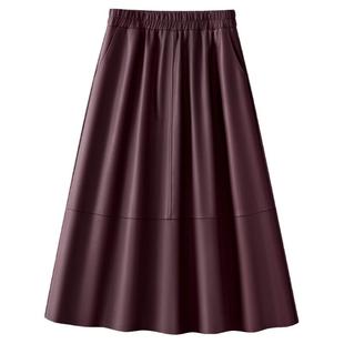 安可拉红百褶皮裙pu皮半身裙女春季2026新款中长款垂坠感大摆伞裙