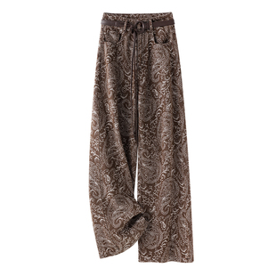 美式复古印花阔腿牛仔裤女2025新款冬季加绒高腰显瘦窄版直筒裤子