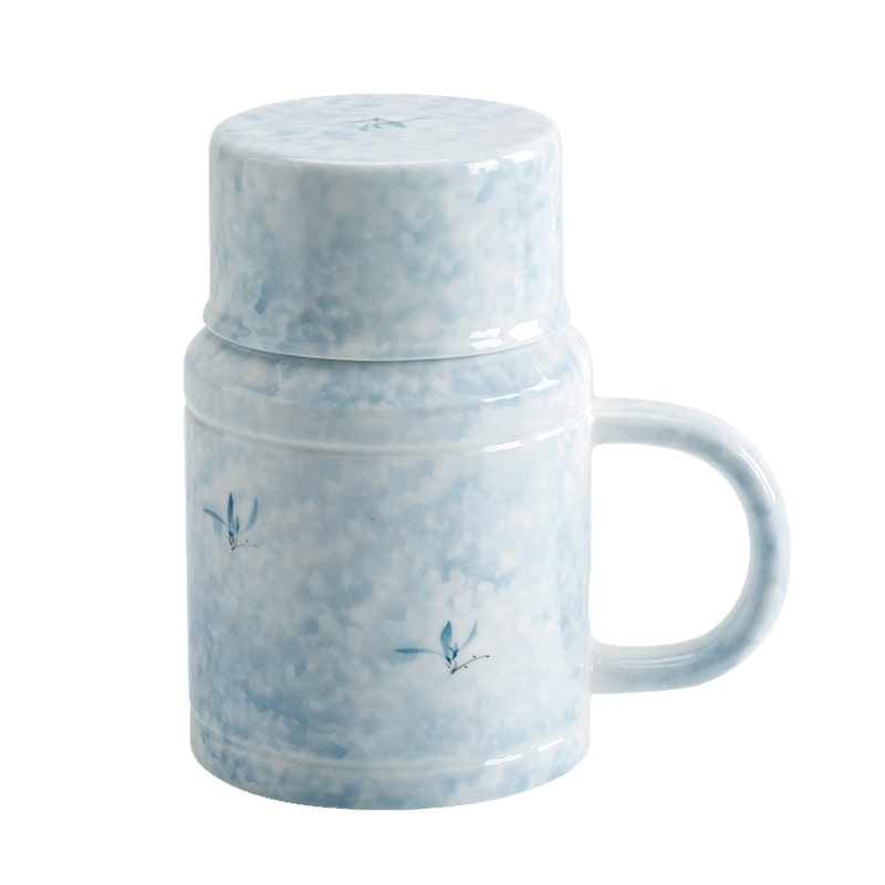 禾柒出品手绘兰花陶瓷泡茶杯小暖壶办公室带盖马克杯茶水分离杯子