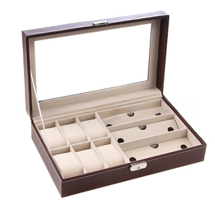 玻璃天窗棕色皮革手表眼镜收纳盒6位手表加3位眼镜展示盒手表盒子