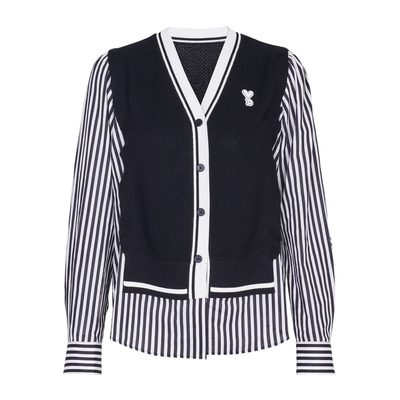 婉甸黑色条纹拼接长袖毛织开衫