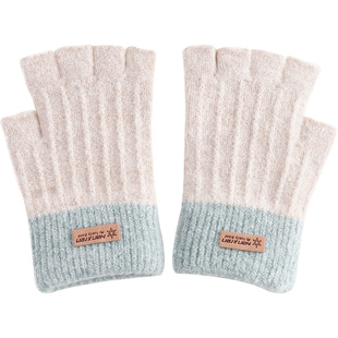 南极人半指毛线手套女冬天加绒保暖开车骑车写字秋冬季学生露指H