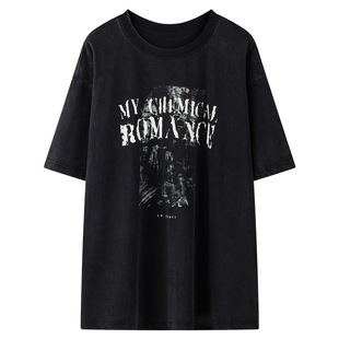 十一石 雪花洗旧复古印花套头圆领短袖T恤女小个子宽松显瘦上衣