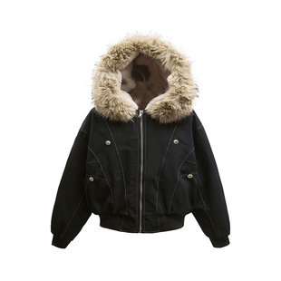 大码女装高级感显瘦黑色厚实保暖棉服女胖mm美式毛绒连帽棉衣外套