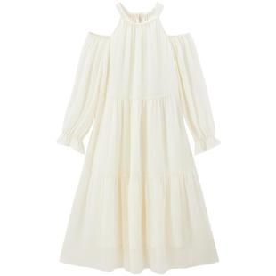 乐町少女感露肩雪纺长裙女25年春季新款宽松仙女裙挂脖长袖连衣裙