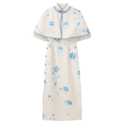 新中式清新青花瓷连衣裙披肩套装