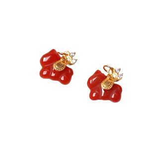 天然红玛瑙雕刻小马唐马 纯银古法金镶嵌 吊坠配件手链DIY配饰