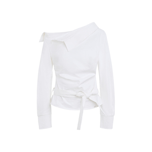 Kroche  Geek chic 舒适棉感不规则抽褶系带修身斜肩长袖衬衫