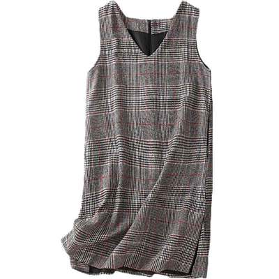 秋冬V领毛呢格纹日韩开叉背心裙