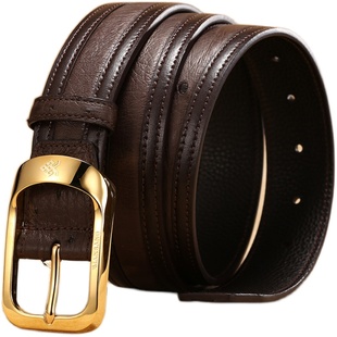 曼邦鸵鸟皮真皮皮带男铜扣针扣商务腰带潮青中年驼鸟休闲男士裤带