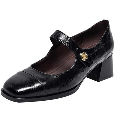 2025新款秋款女鞋法式气质方头粗跟玛丽珍鞋女中跟单鞋真皮小皮鞋