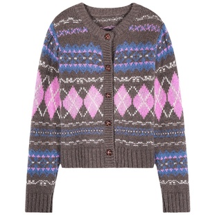 今屿花花 今年流行v领菱格针织开衫毛衣女装2024新款秋冬上衣外套