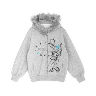 innomoood 像素鼓手兔加绒印花厚连帽卫衣开衫毛领厚外套百搭秋冬