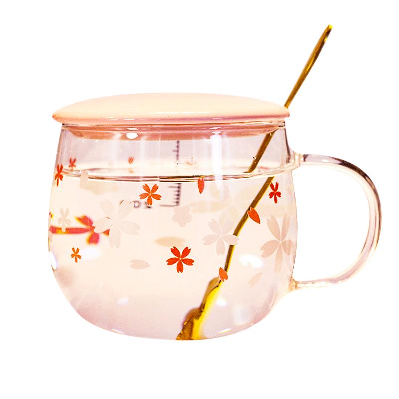 刻度玻璃杯櫻花女帶蓋勺泡茶大肚水杯耐高溫辦公室家用高顏值日式