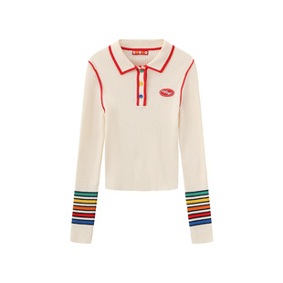 wigglewiggle26年撞色休闲时尚出街潮流修身设计内搭翻领毛衣女装