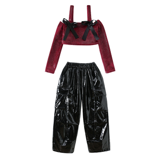 女孩jazz爵士舞潮服女童露脐上衣皮裤舞台走秀服街舞打歌舞演出服