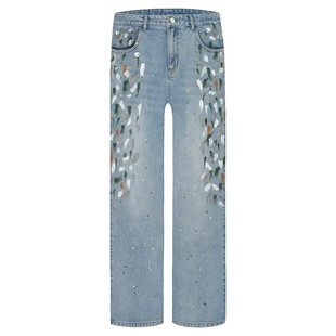 A11SLAVE泼墨斑纹水洗牛仔休闲长裤高街潮流百搭基础直筒男VIBE风