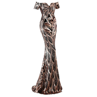 一字肩长款鱼尾亮片晚礼服女气质女神范显瘦宴会晚装主持人连衣裙