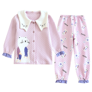 设计师儿童秋冬纯棉空气层女童睡衣套装加厚夹层紫猫咪翻领家居服