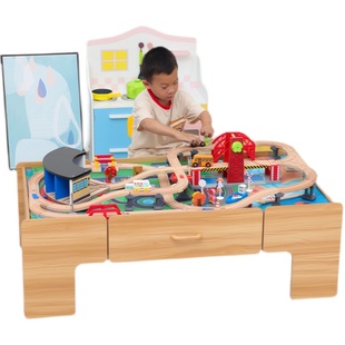 木质大颗粒积木桌子多功能玩具台儿童拼装火车轨道游戏益智椅套装