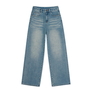 王家有鱼2026春季新款复古浅蓝阔腿裤中高腰牛仔裤子女装时尚长裤