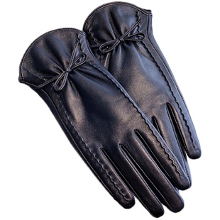 韩版秋冬蝴蝶结小羊皮真皮手套女士冬季保暖加绒加厚骑行触屏防风