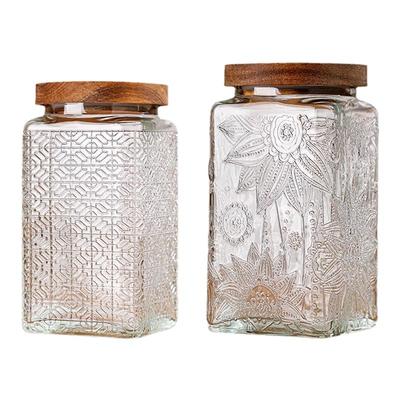 家用大号复古海堂花浮雕糖果罐密封罐储物罐茶叶杂粮收纳玻璃带盖